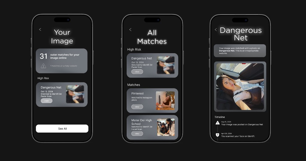 Identifi Your Image screens — matches, risk levels, and detail view